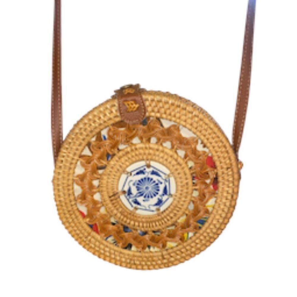 Round Rattan Handwoven Bag with Blue & White Porcelain Disc Shoulder Strap
